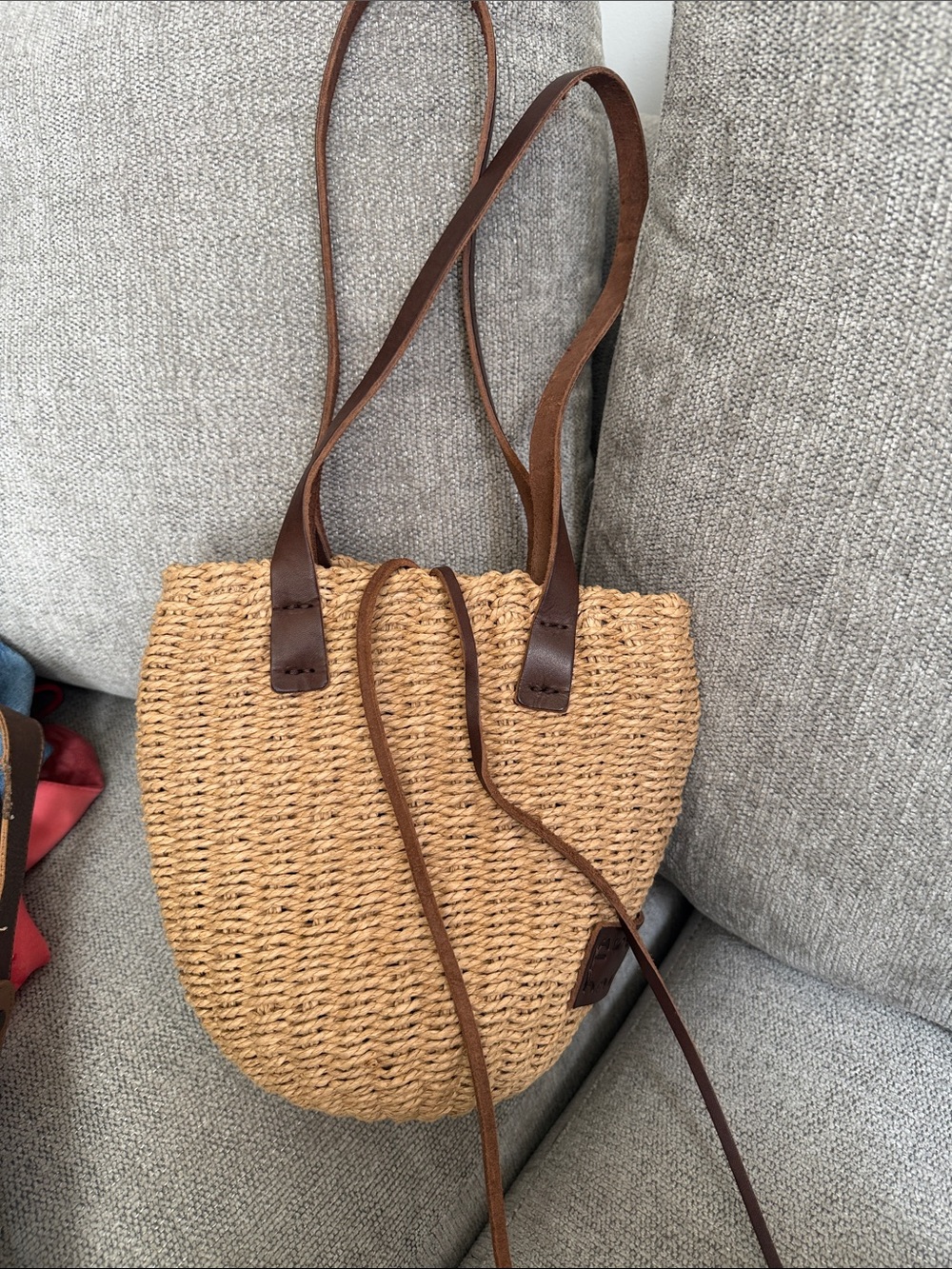Woven Straw Bucket Bag with Brown Leather Straps - Picture 4 of 4
